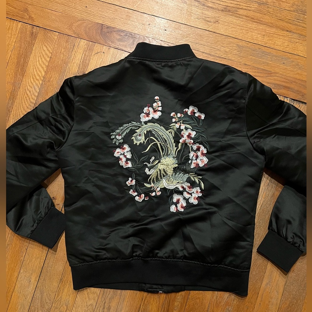 ZARA Unisex Black Bomber Jacket with Garden/Floral Detail on Back